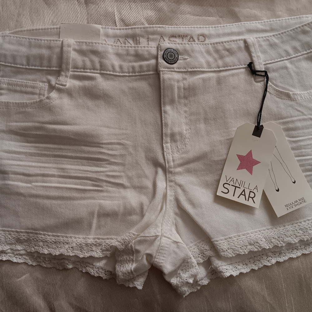 Vanilla Star White Jean Shorts with Lace Hem